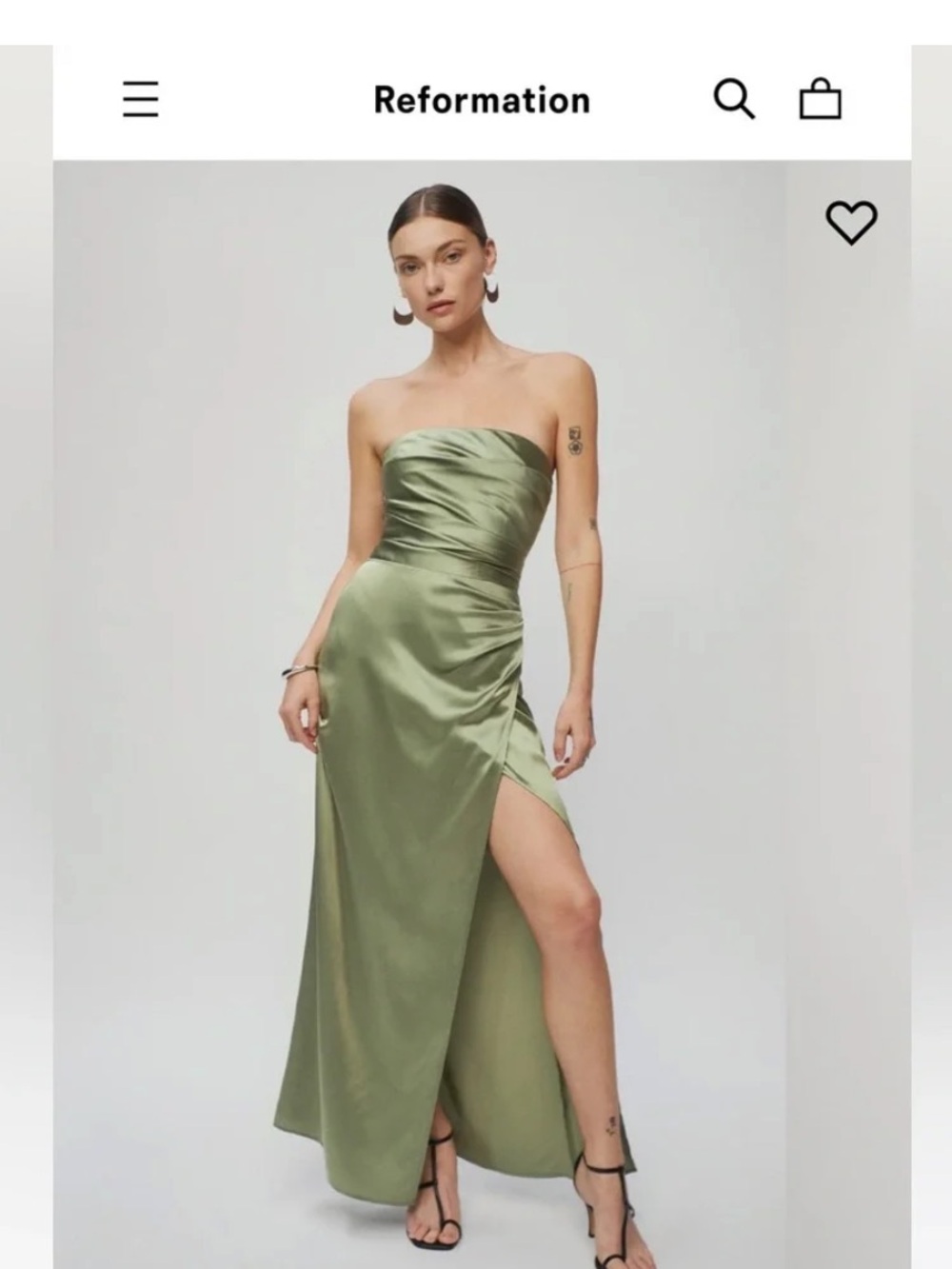 Reformation Strapless Olive Satin Ruched Gown with Slit